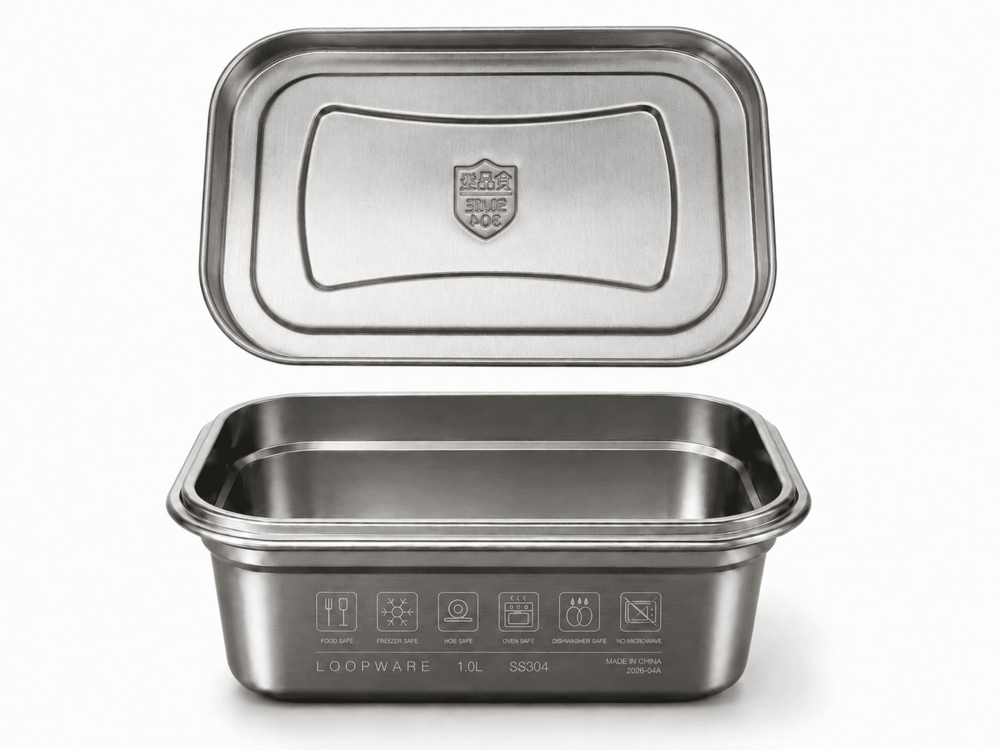 Loopware container and friction-fit stainless steel lid shown separately