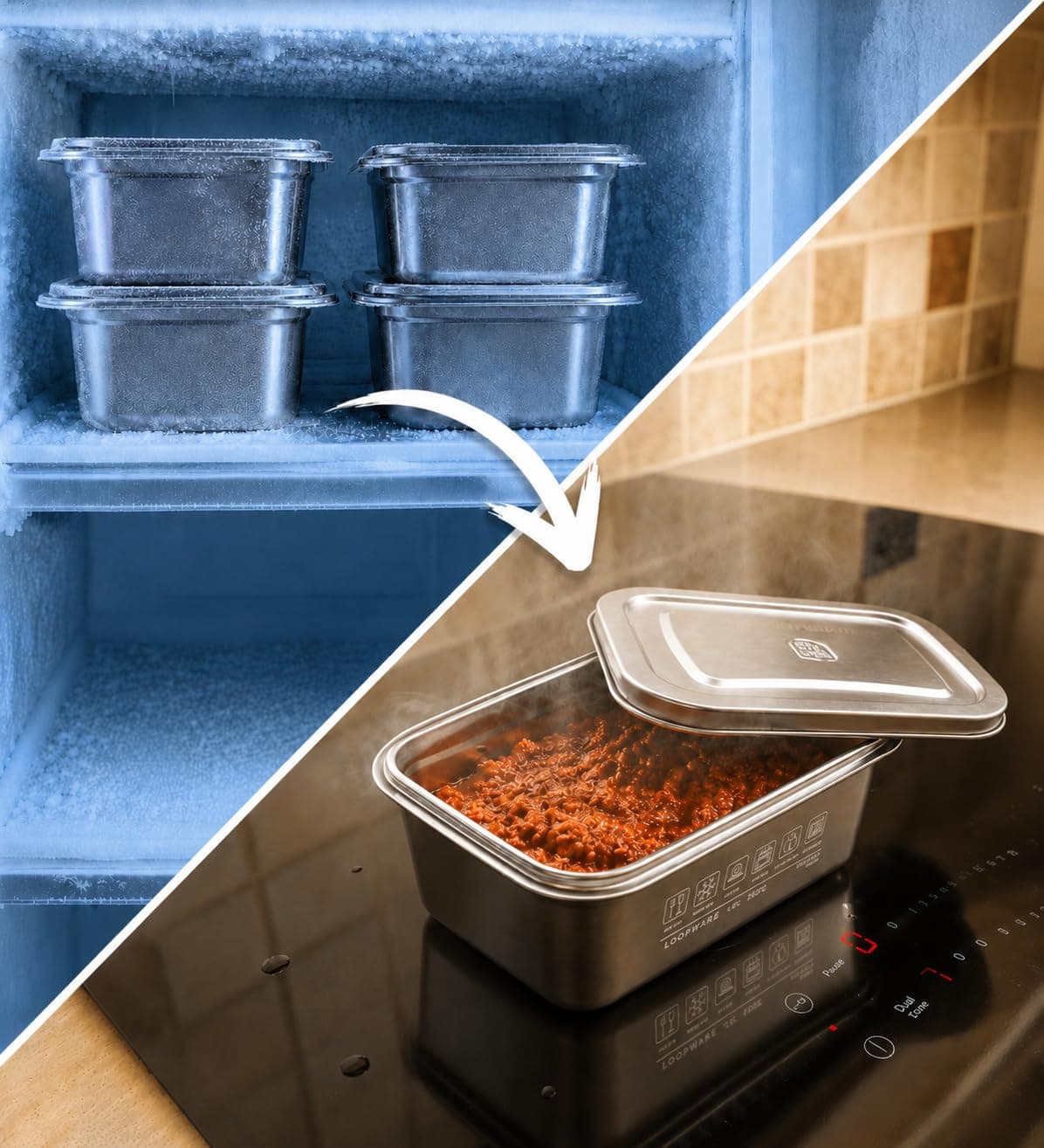 Loopware containers stacked in a freezer, then one reheating on an induction hob with its steel lid alongside