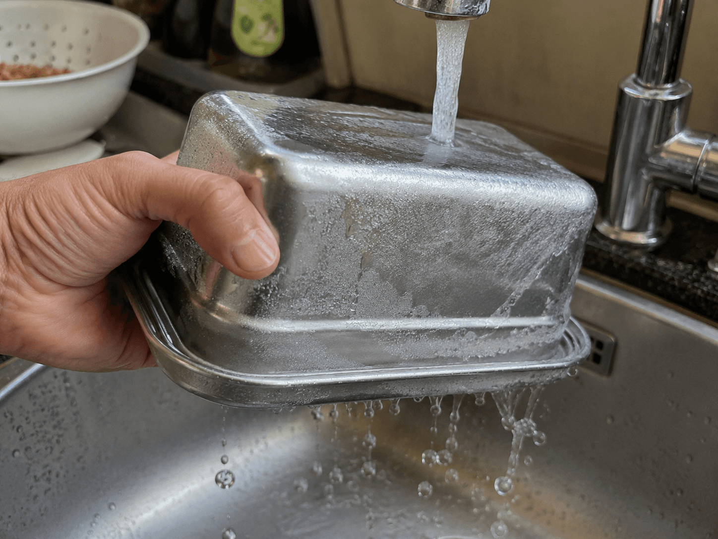 Warm water running over the base of a frozen Loopware container to release the block