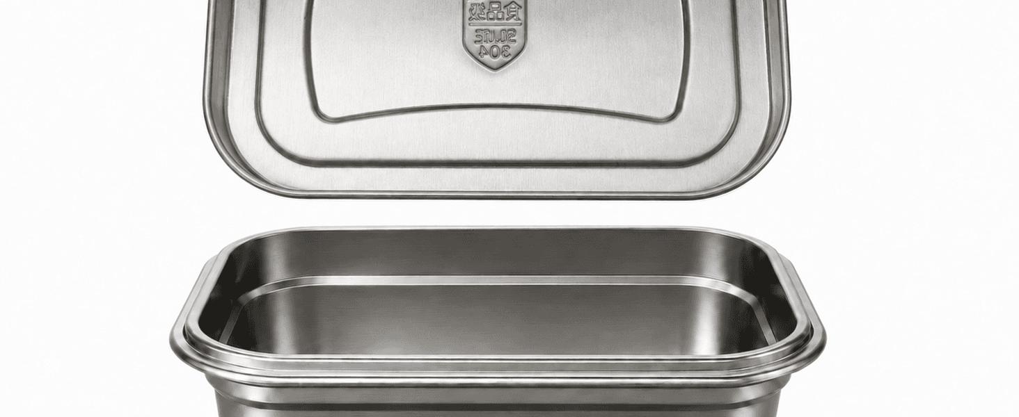 A Loopware stainless steel container with its all-steel lid lifted above it, on white