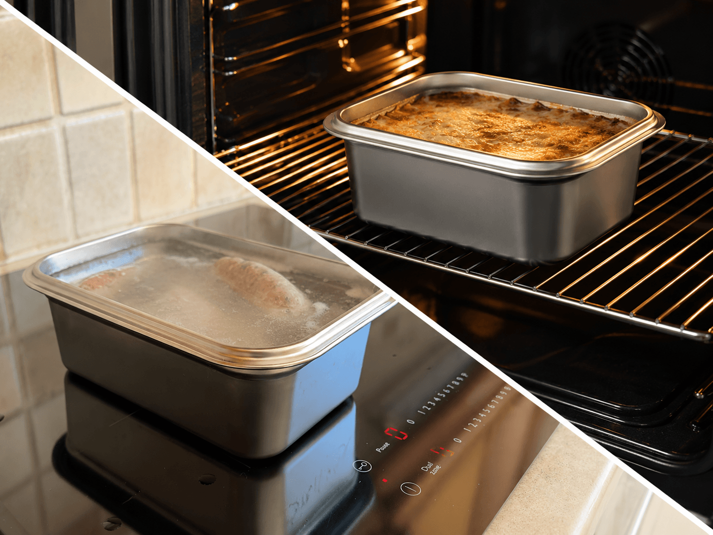 A Loopware container simmering on an induction hob and another baking a lasagne in the oven