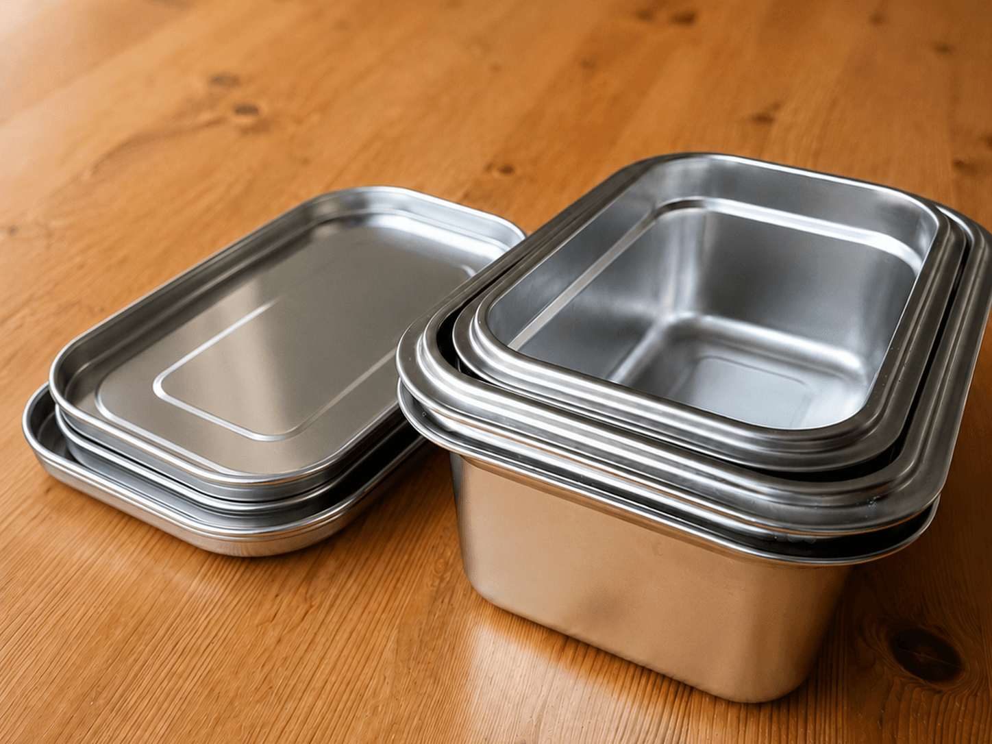 A Loopware 1.0L container nested inside a 1.6L with their flat steel lids beside them, showing how the sizes nest. The Starter Set is one 1.0L and one 1.6L.