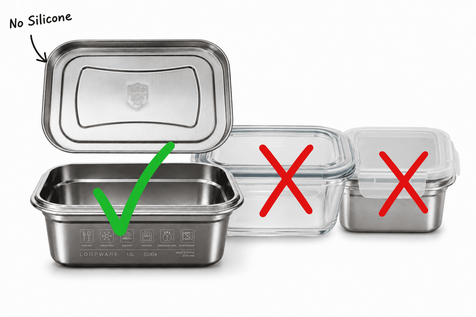 A Loopware container with its all-steel lid marked with a green tick, beside a glass container with a silicone-sealed lid and a steel container with a plastic clip lid, both marked with a red cross