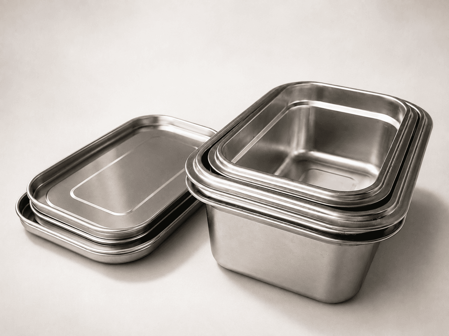 Loopware stainless steel containers nested inside one another with their flat lids stacked alongside