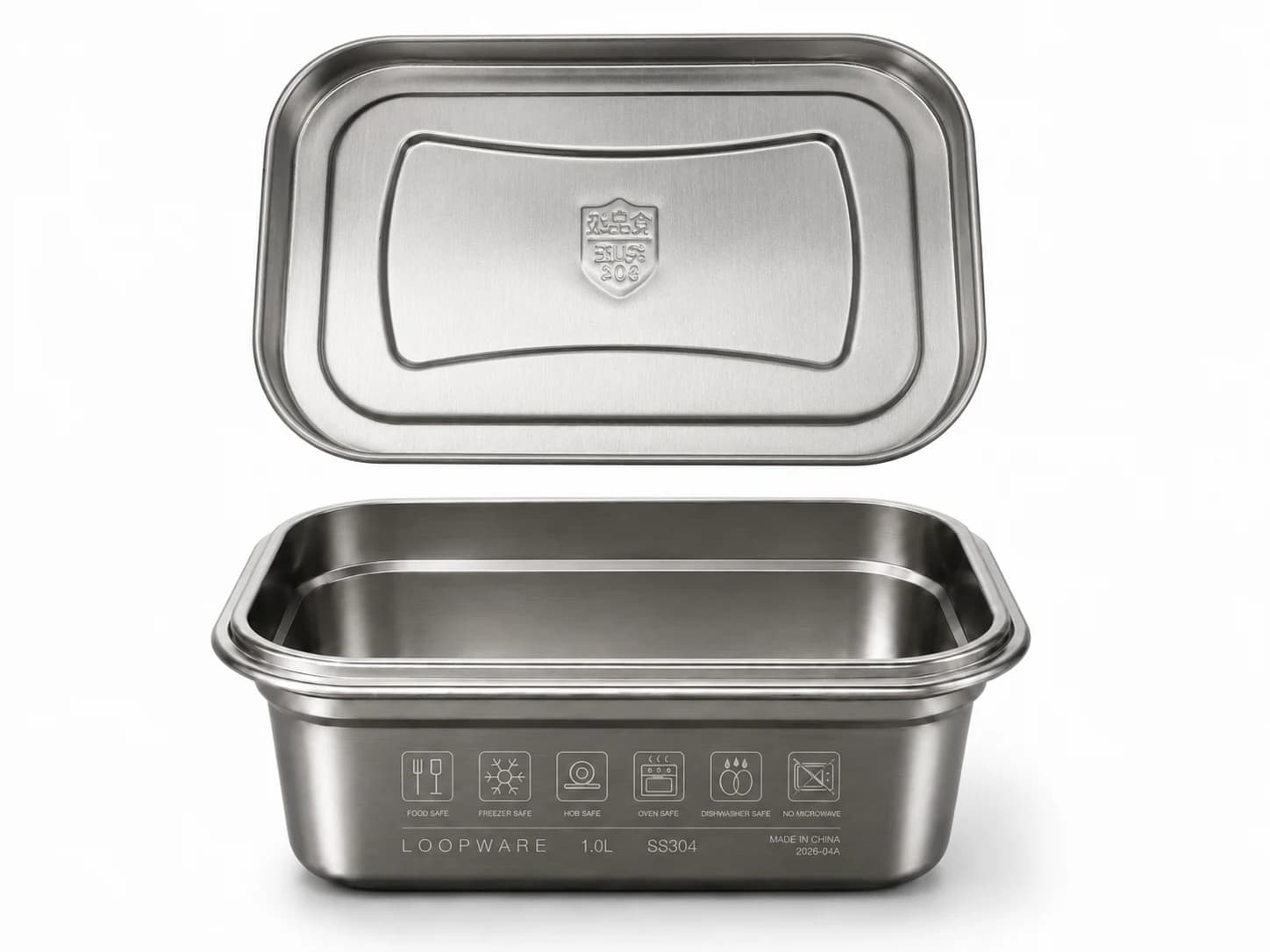 Loopware 1.0L all-304 stainless steel food container with its steel lid raised above it, engraved safe-use icons on the body